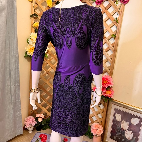 Charlie Brown V-Neck Midi 3/4 Sleeves Dress Midnight Blue Violet w Black Pattern - Picture 7 of 14